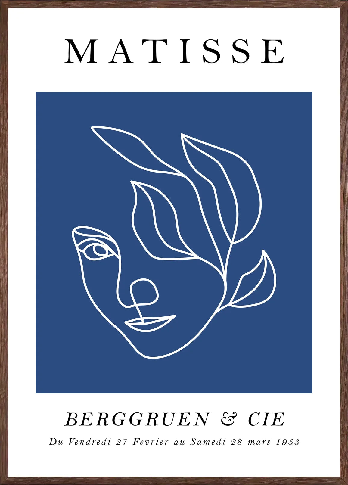 Cadre chene clair entourant l'affiche Matisse visage au trait