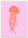 Affiche meduse minimaliste, illustration orange aux tentacules sur fond rose