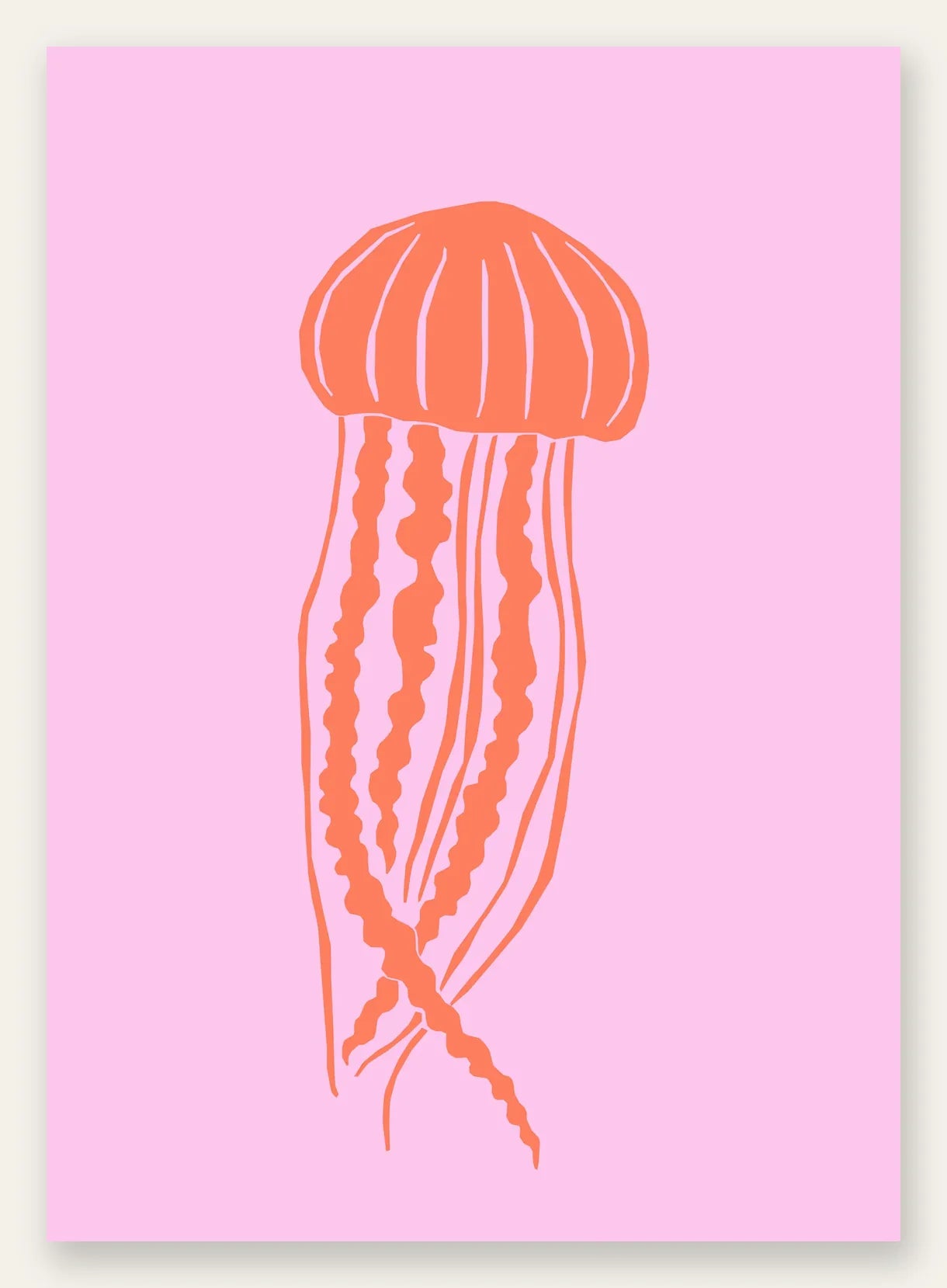 Affiche meduse minimaliste, illustration orange aux tentacules sur fond rose