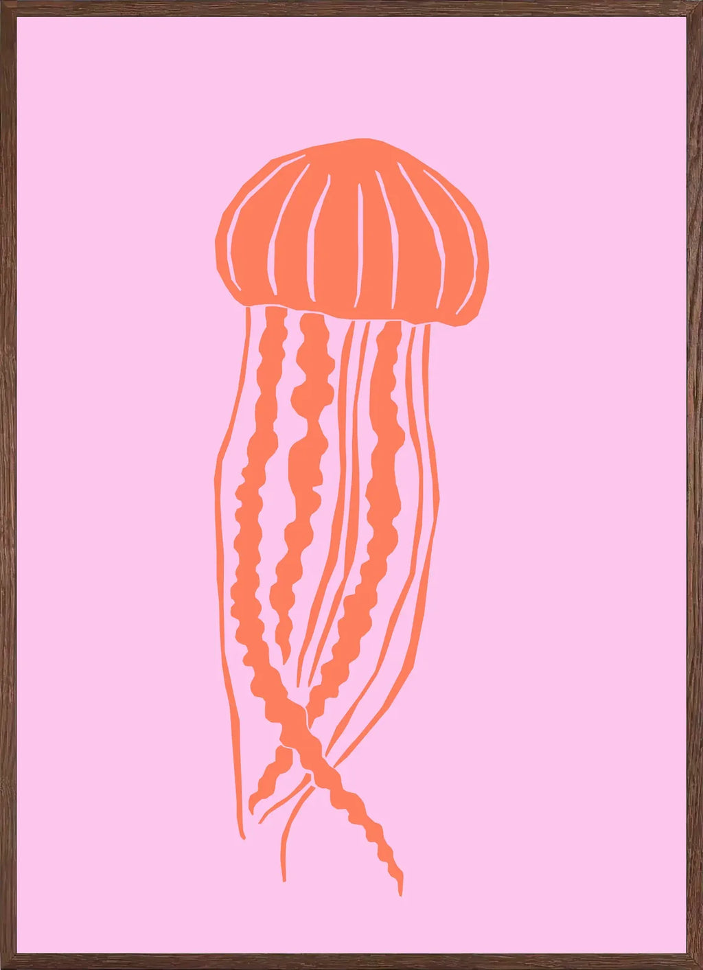 Cadre chene clair entourant l'affiche meduse minimaliste rose