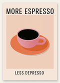 Affiche cuisine cafe More Espresso, tasse rose et cafe noir sur fond rose poudre