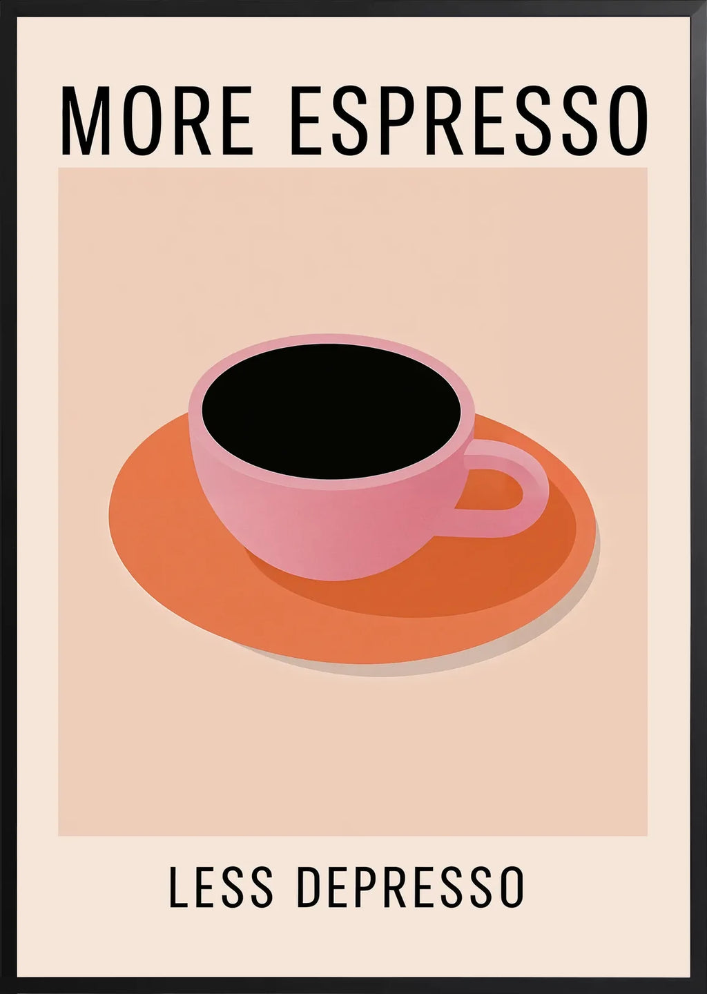 Encadrement noir mat autour de la tasse a espresso rose et cafe