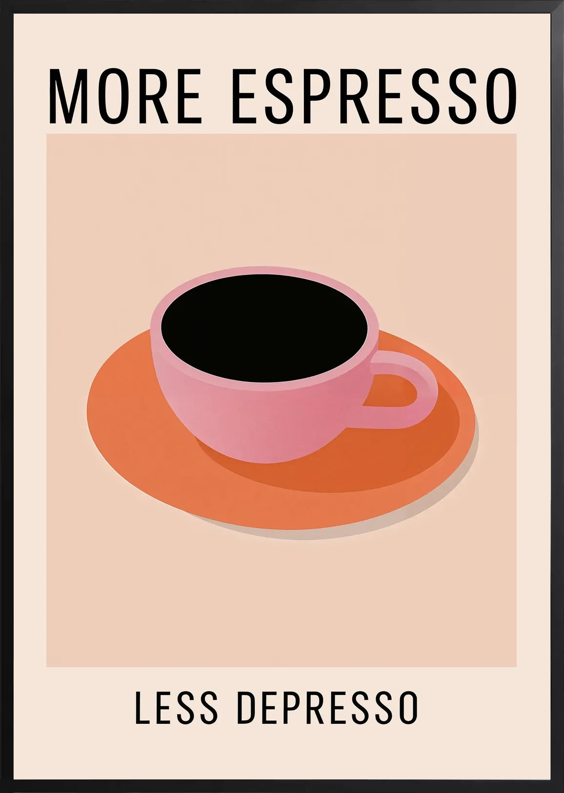 Encadrement noir mat autour de la tasse a espresso rose et cafe