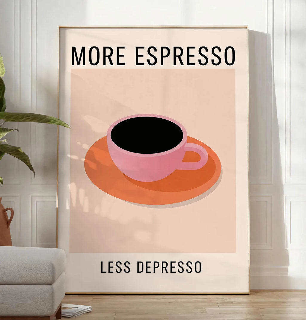 Reproduction affiche cuisine cafe More Espresso, posee au sol dans un salon minimaliste clair, a cote d'un canape beige et d'une plante verte, sur un parquet clair