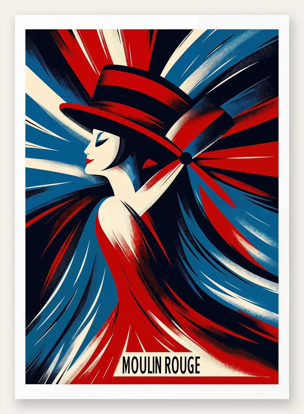 Affiche Moulin Rouge Art Deco, femme au chapeau et robe rouge en rouge bleu creme