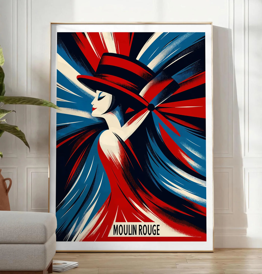 Reproduction affiche Moulin Rouge Art Deco, posee au sol dans un salon minimaliste clair, a cote d'un canape beige et d'une plante verte, sur un parquet clair