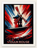 Affiche Moulin Rouge Art Deco, le moulin au-dessus de la foule en rouge bleu creme