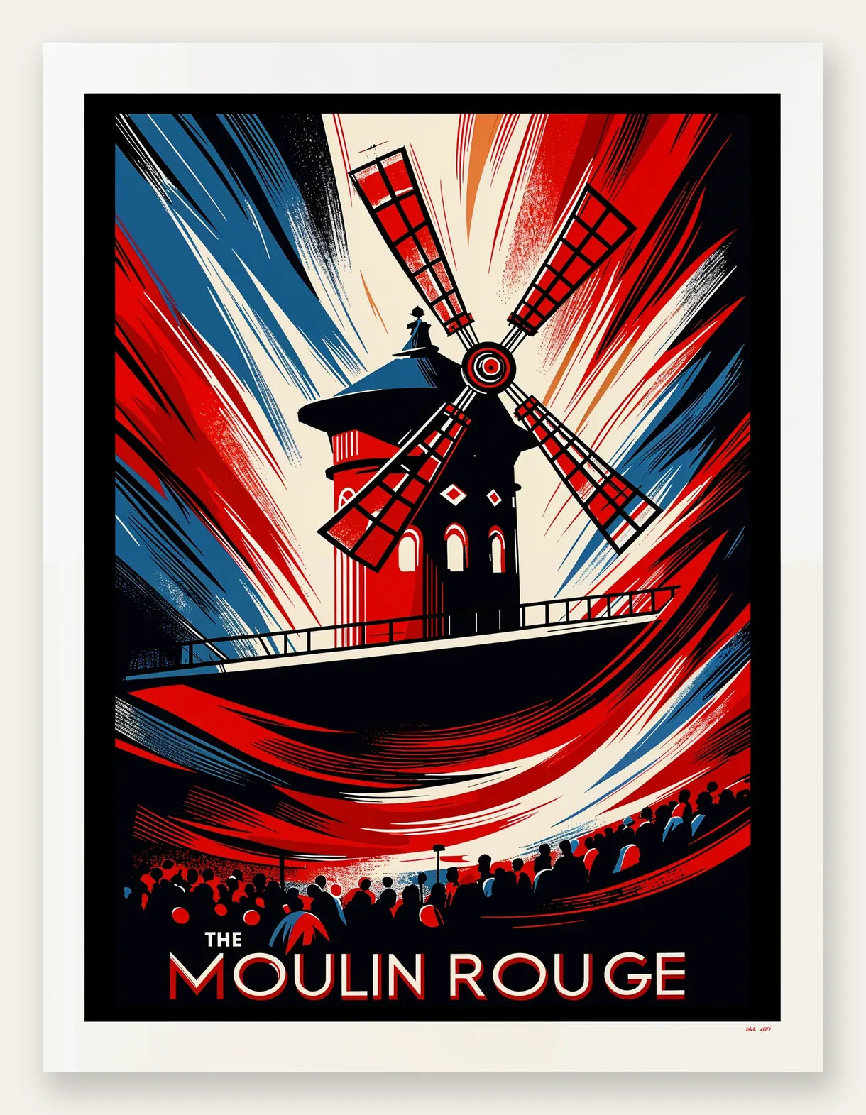 Affiche Moulin Rouge Art Deco, le moulin au-dessus de la foule en rouge bleu creme