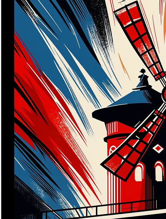 Gros plan sur les ailes du moulin du Moulin Rouge et la foule