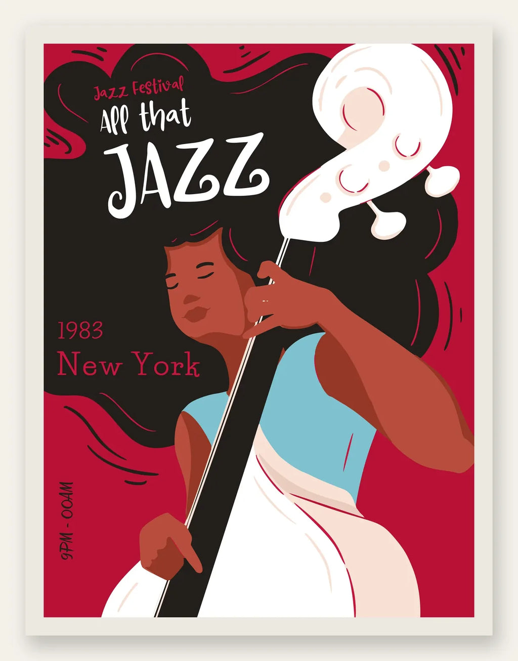 Affiche jazz New York, musicienne a la contrebasse sur fond rouge et noir