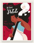 Affiche jazz New York, musicienne a la contrebasse sur fond rouge et noir