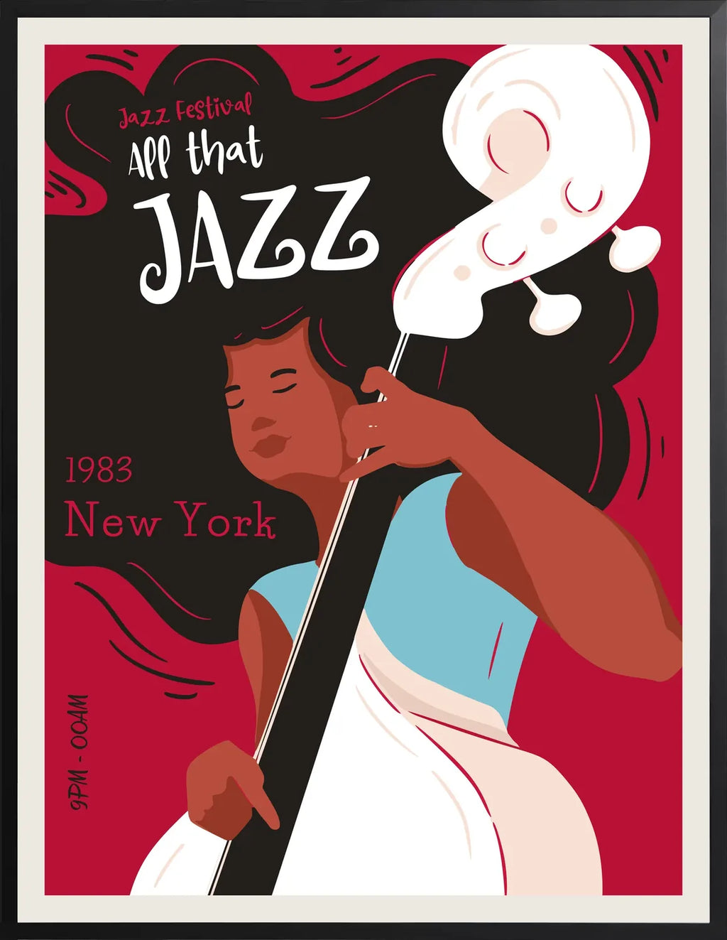 Encadrement noir mat autour de la musicienne et de sa contrebasse jazz