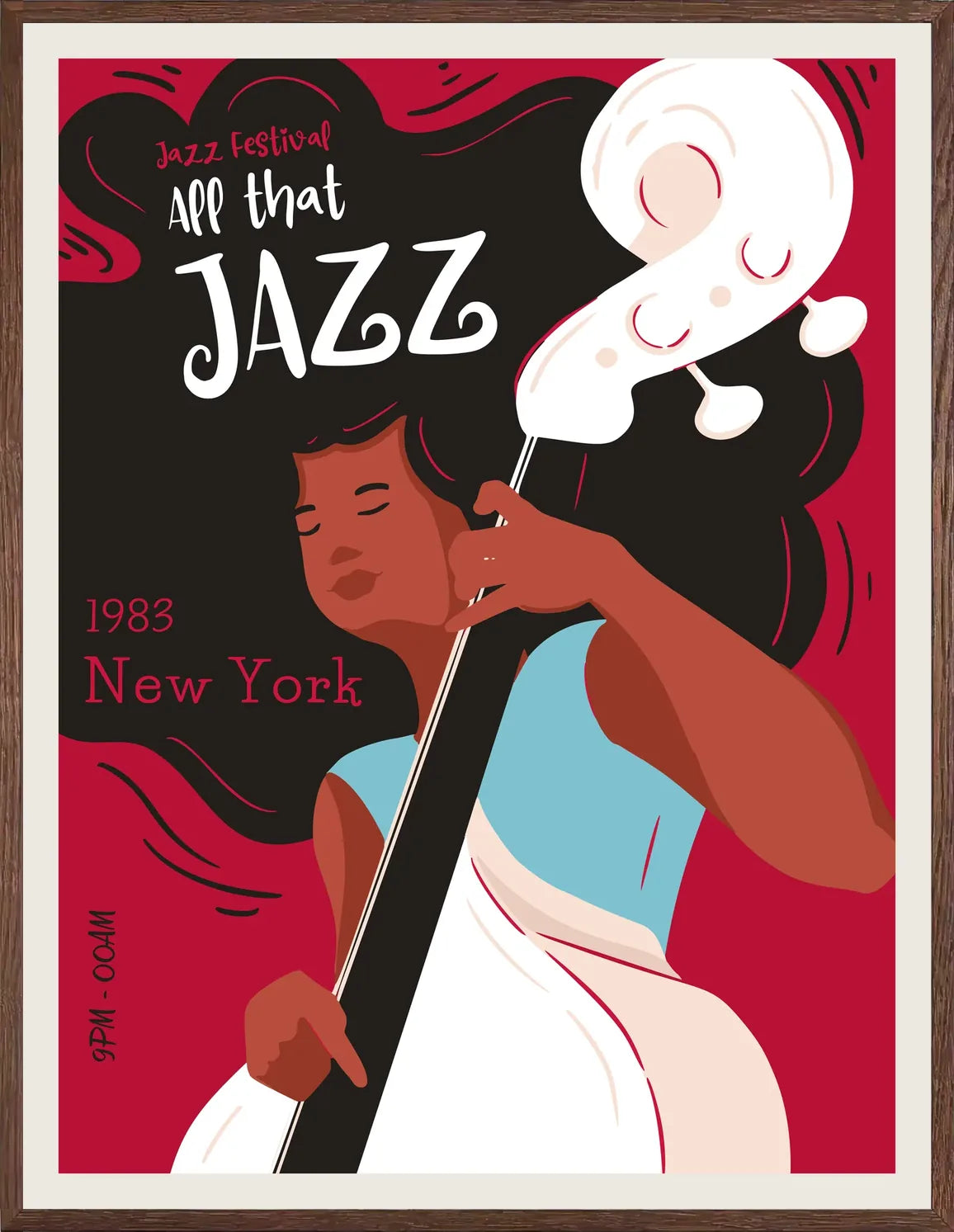 Cadre chene clair entourant l'affiche jazz contrebasse New York
