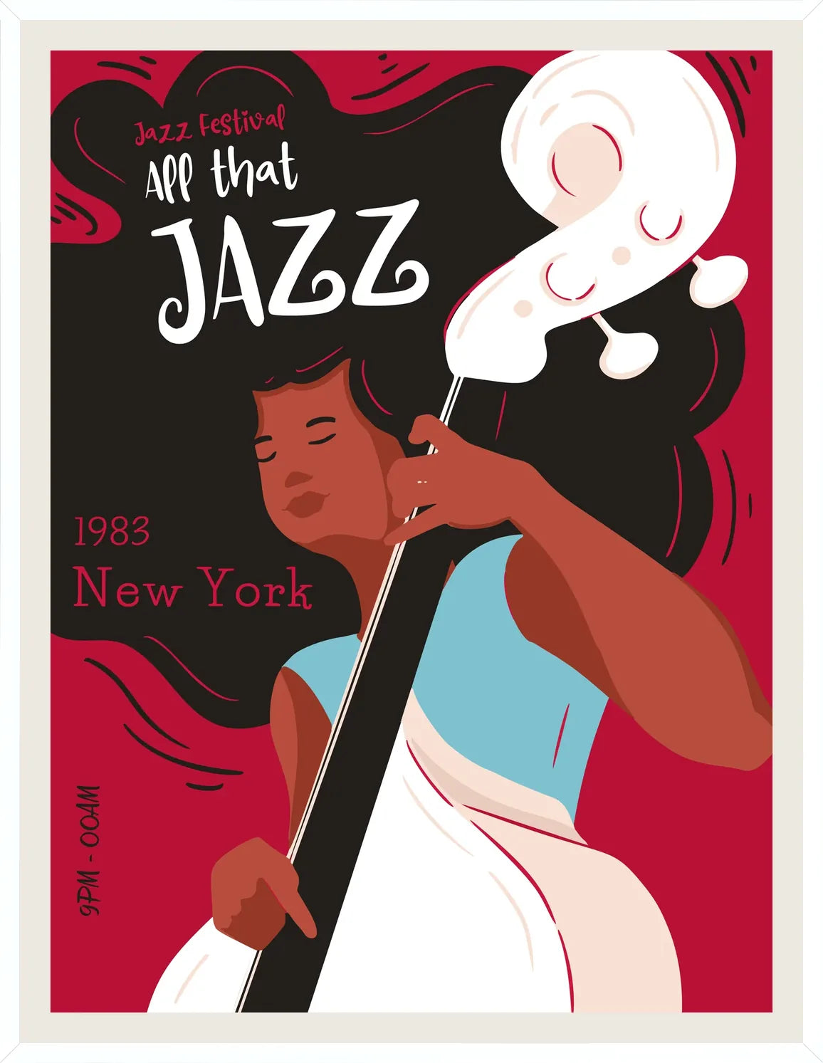 Cadre blanc epure presentant l'affiche jazz New York contrebasse