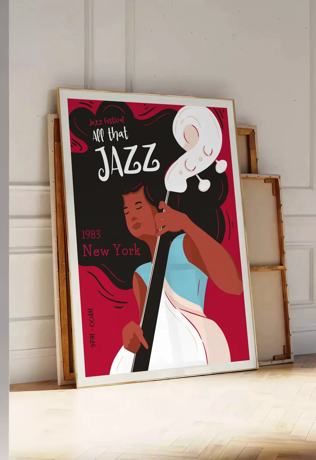 Tirage encadrable affiche jazz New York, posee au sol dans une entree lumineuse, contre un mur a panneaux blancs, a cote de chassis en bois empiles