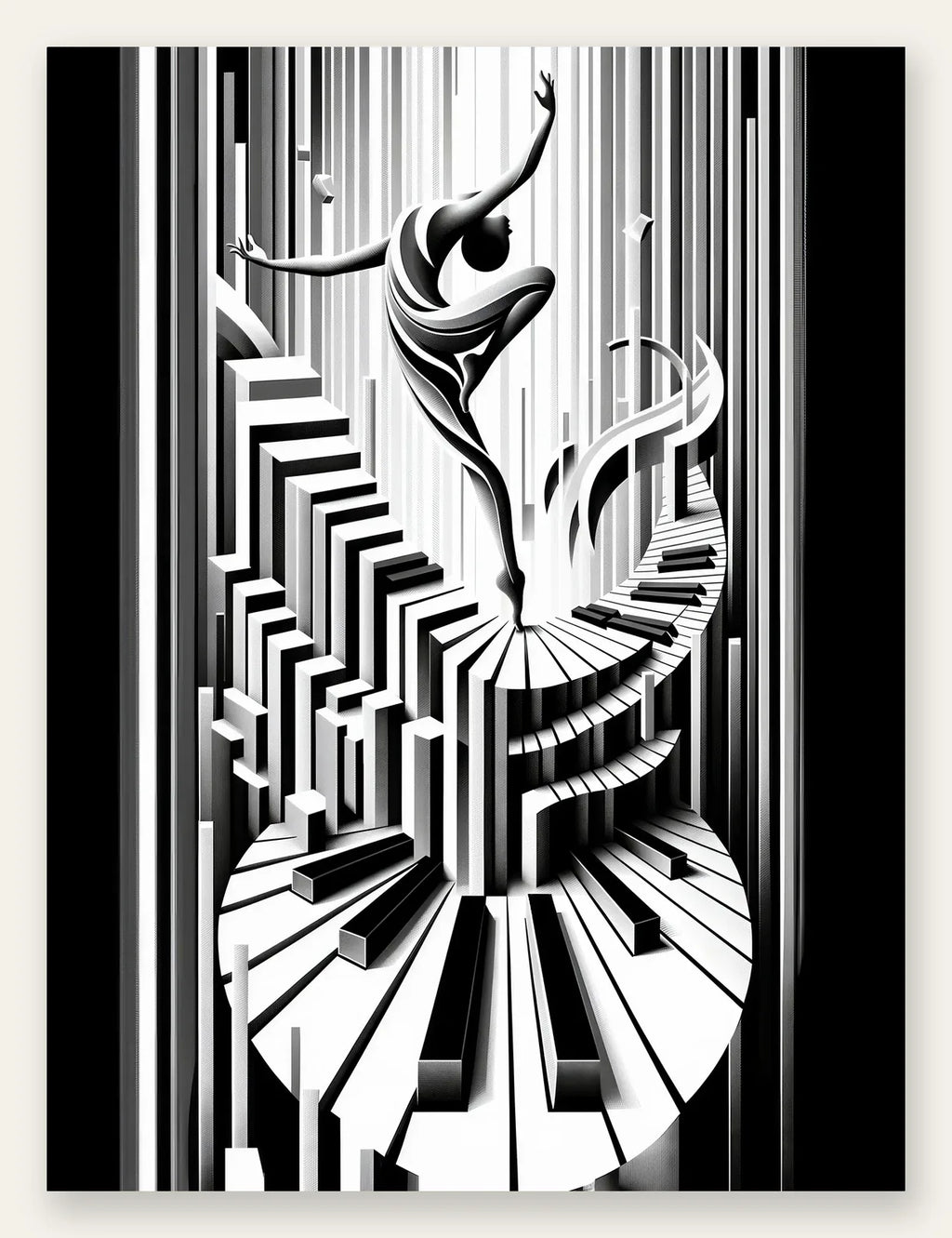 Affiche danse piano art deco, danseuse sur touches de piano geometriques, noir et blanc pur