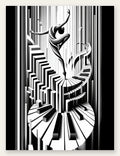 Affiche danse piano art deco, danseuse sur touches de piano geometriques, noir et blanc pur