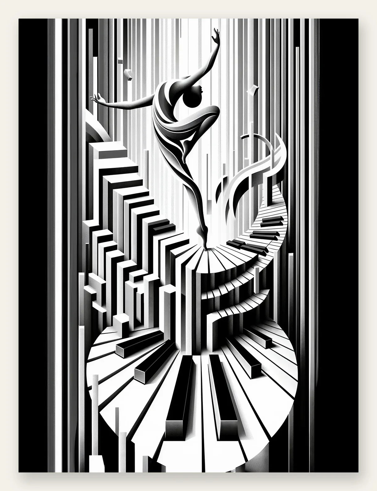Affiche danse piano art deco, danseuse sur touches de piano geometriques, noir et blanc pur