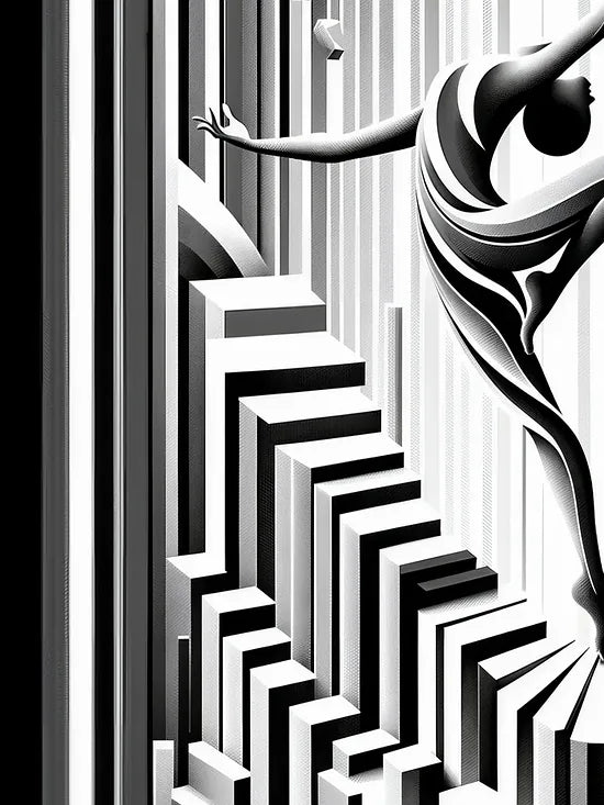 Gros plan sur la danseuse art deco au-dessus des touches de piano geometriques