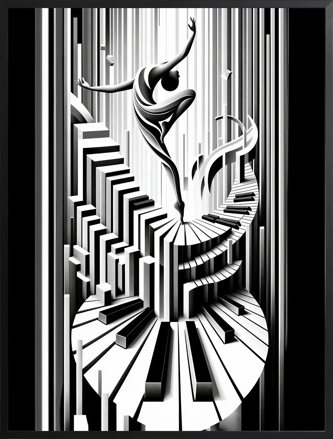 Encadrement noir mat autour de l'affiche danseuse piano touches geometriques