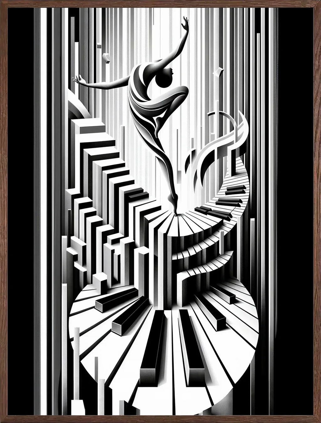 Cadre chene clair entourant l'affiche danse piano art deco noir et blanc