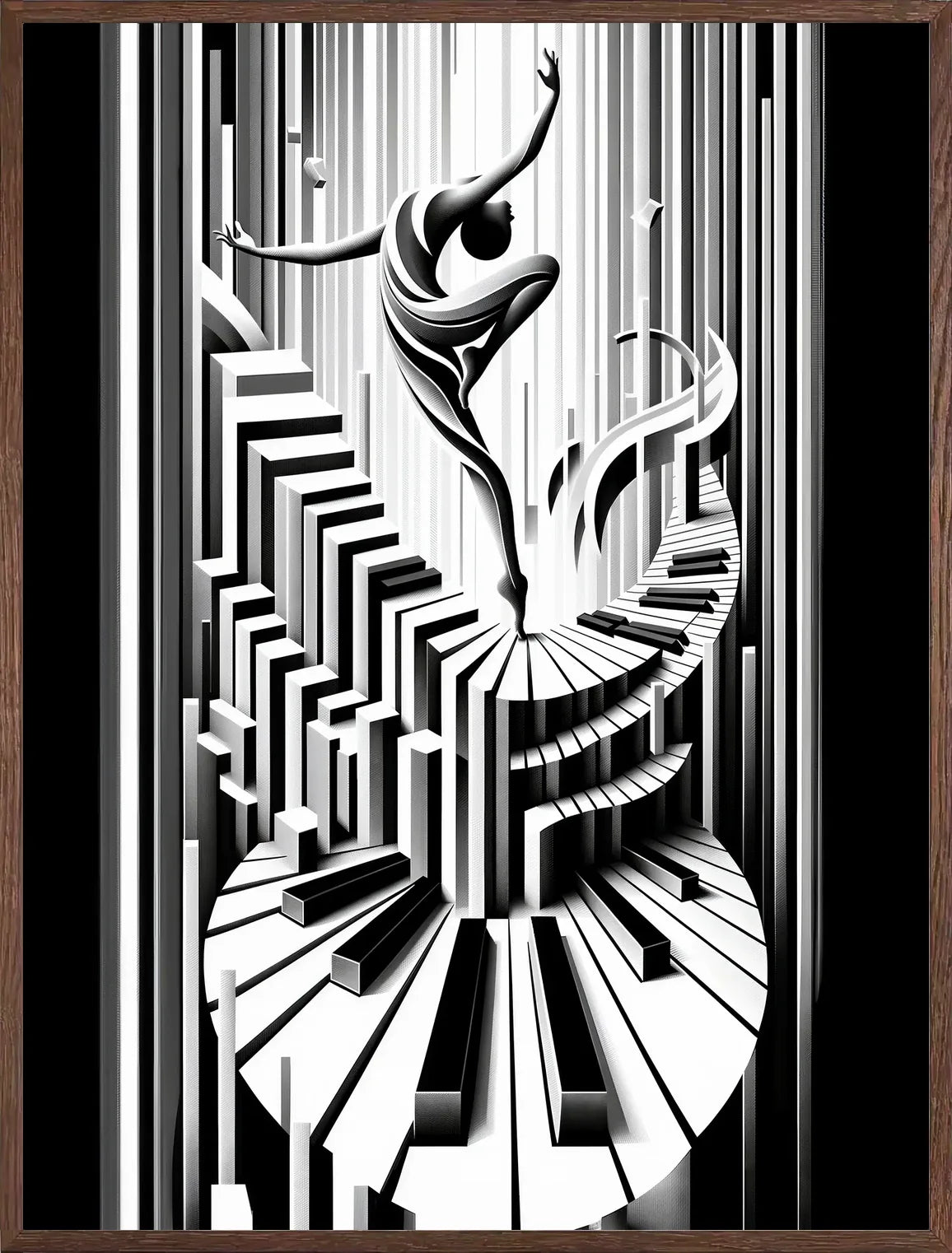 Cadre chene clair entourant l'affiche danse piano art deco noir et blanc