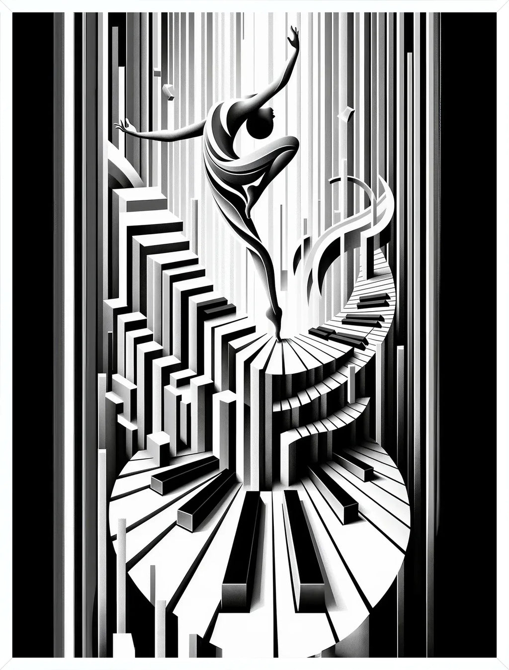 Cadre blanc epure presentant l'affiche danse piano art deco noir blanc