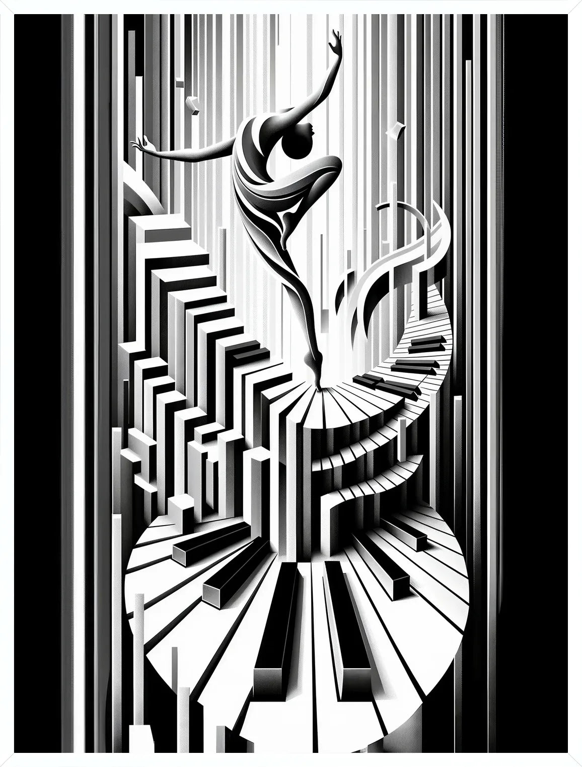 Cadre blanc epure presentant l'affiche danse piano art deco noir blanc