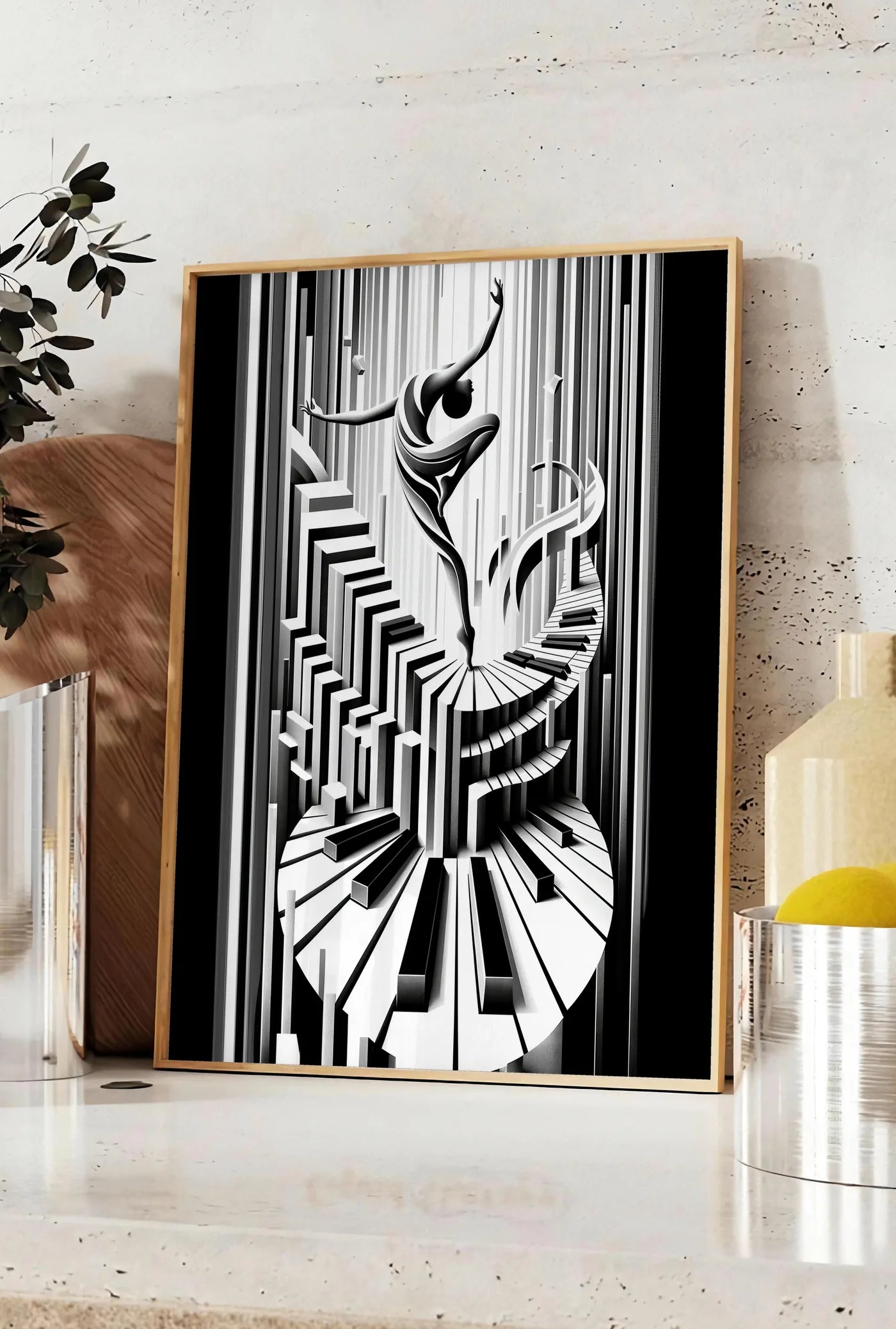 Affiche affiche danse piano art deco, posee sur un plan de travail de cuisine en pierre claire, entre une branche d'eucalyptus en vase et un bocal de citrons