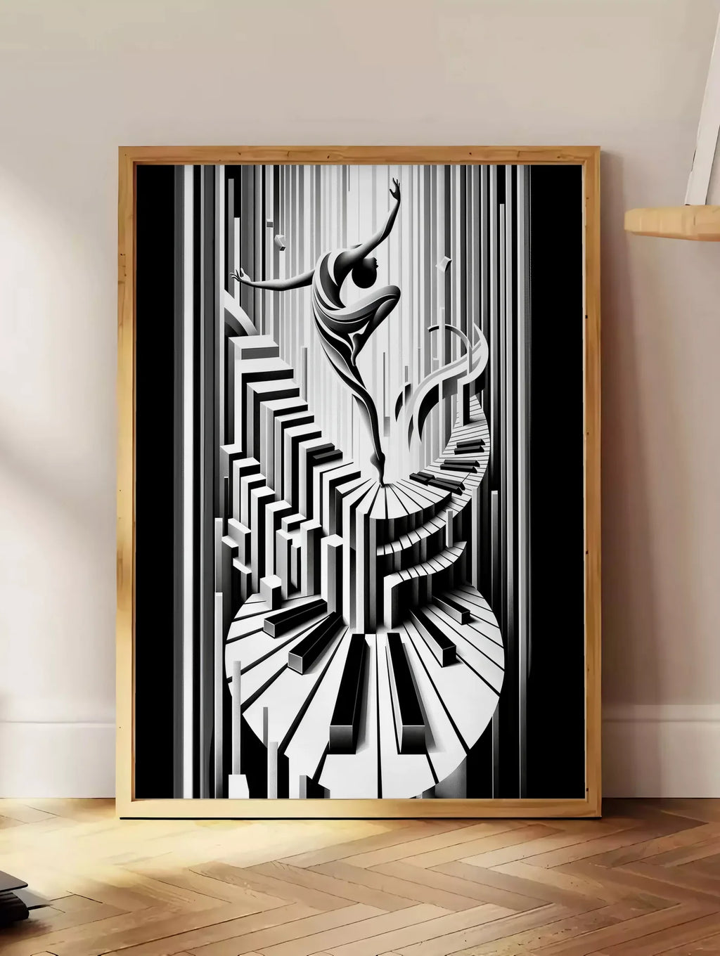 Estampe affiche danse piano art deco, posee au sol dans un coin salon, sur un parquet a chevrons, pres d'une table d'appoint en chene chargee de livres