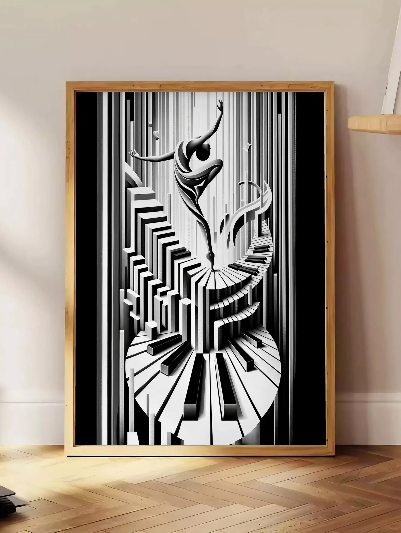 Estampe affiche danse piano art deco, posee au sol dans un coin salon, sur un parquet a chevrons, pres d'une table d'appoint en chene chargee de livres