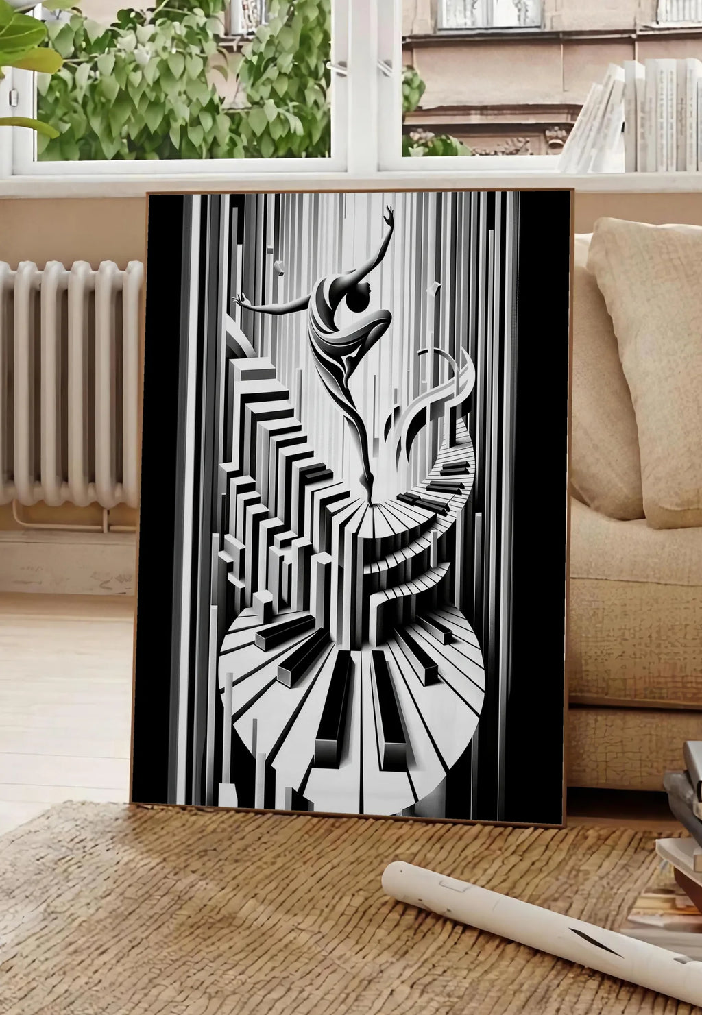 Poster affiche danse piano art deco, posee au sol dans un salon parisien, devant une grande fenetre donnant sur un immeuble haussmannien, entre un ficus et un canape creme