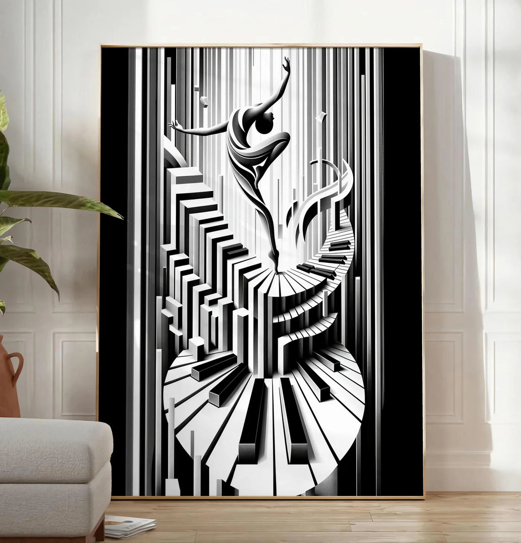 Reproduction affiche danse piano art deco, posee au sol dans un salon minimaliste clair, a cote d'un canape beige et d'une plante verte, sur un parquet clair