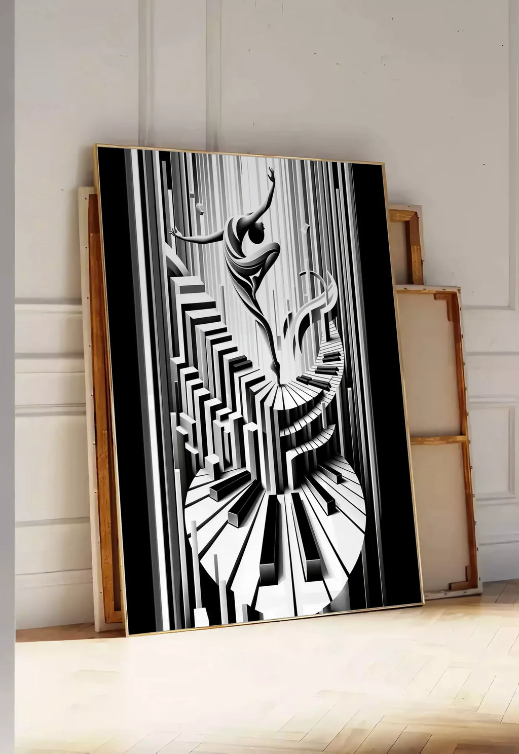Tirage encadrable affiche danse piano art deco, posee au sol dans une entree lumineuse, contre un mur a panneaux blancs, a cote de chassis en bois empiles