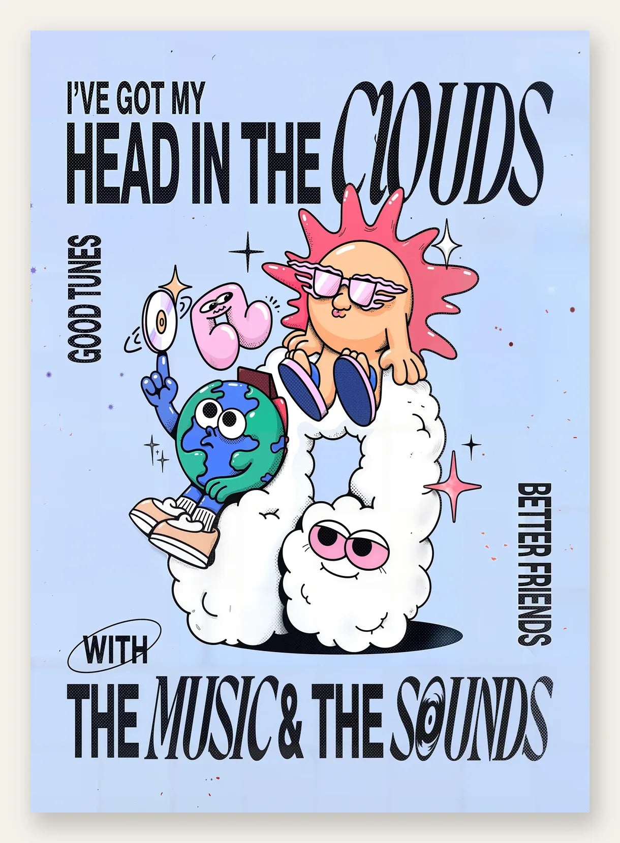 Affiche musique groovy, personnages soleil et megaphone sur des nuages bleu ciel