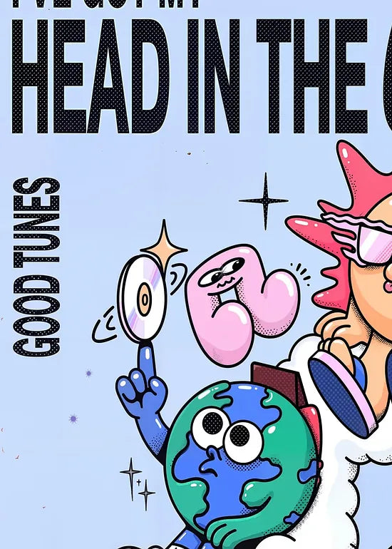 Gros plan sur le soleil souriant et le megaphone de l'affiche musique