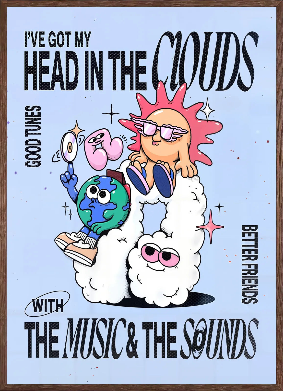 Cadre chene clair entourant l'affiche musique groovy head in the clouds