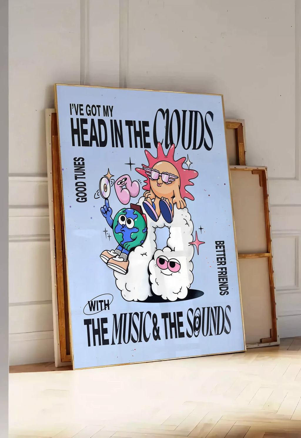Tirage encadrable affiche musique groovy, posee au sol dans une entree lumineuse, contre un mur a panneaux blancs, a cote de chassis en bois empiles