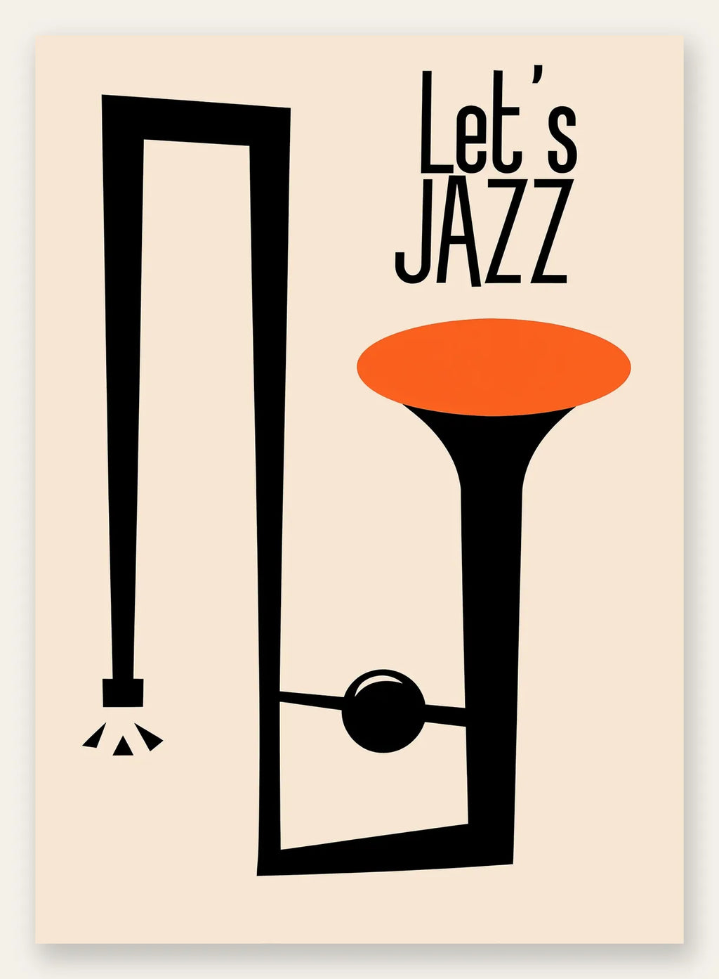 Affiche jazz minimaliste, trompette orange et note de musique sur fond creme