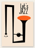 Affiche jazz minimaliste, trompette orange et note de musique sur fond creme
