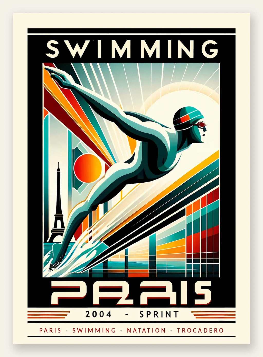 Affiche natation Paris Sprint art deco, nageur plongeant au-dessus de la Tour Eiffel, teal rouge et jaune