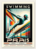 Affiche natation Paris Sprint art deco, nageur plongeant au-dessus de la Tour Eiffel, teal rouge et jaune