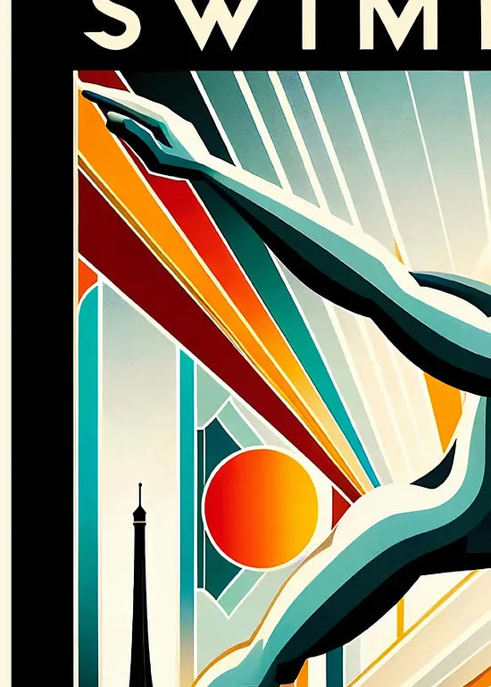 Gros plan sur le nageur plongeant, teal rouge jaune, Tour Eiffel en fond