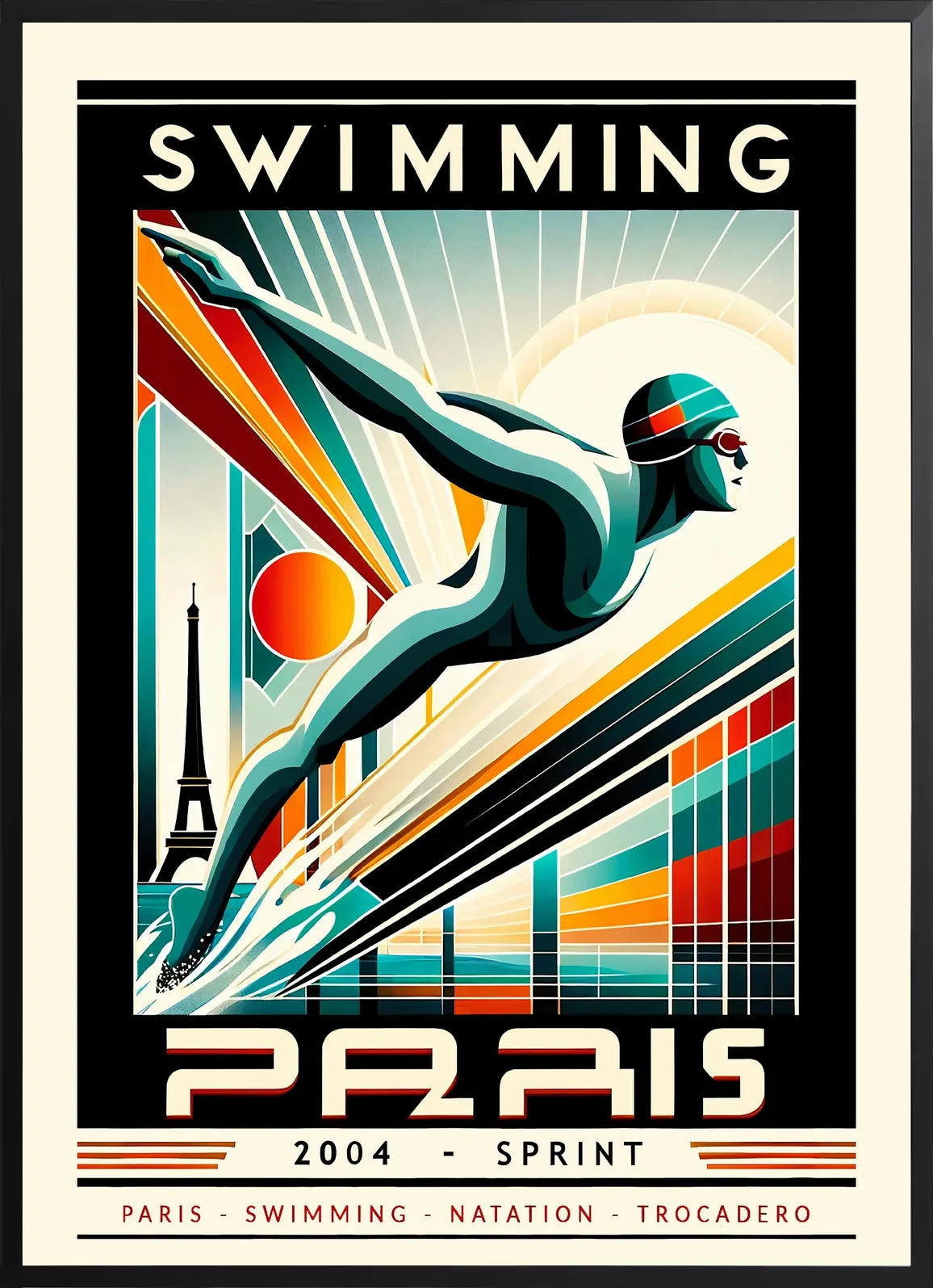 Encadrement noir mat autour de l'affiche natation Paris art deco Tour Eiffel