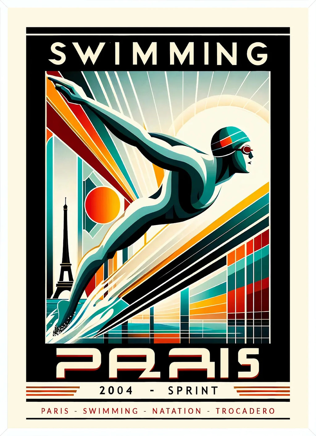 Cadre blanc epure presentant l'affiche Natation Paris Sprint Cedric des Lauriers
