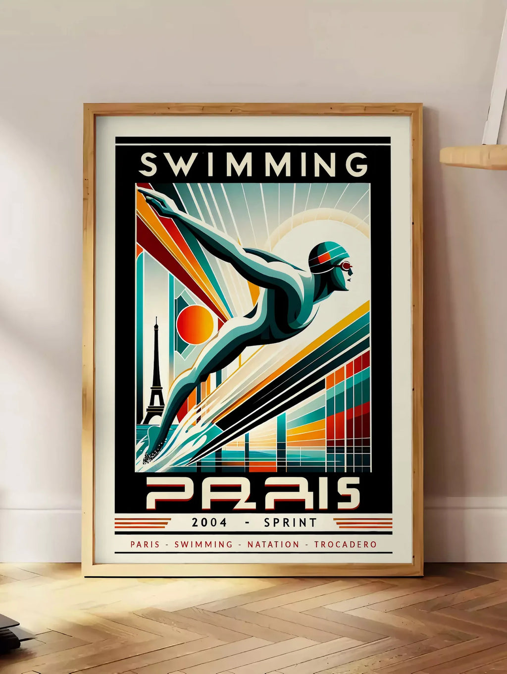 Estampe affiche natation Paris Sprint art deco, posee au sol dans un coin salon, sur un parquet a chevrons, pres d'une table d'appoint en chene chargee de livres
