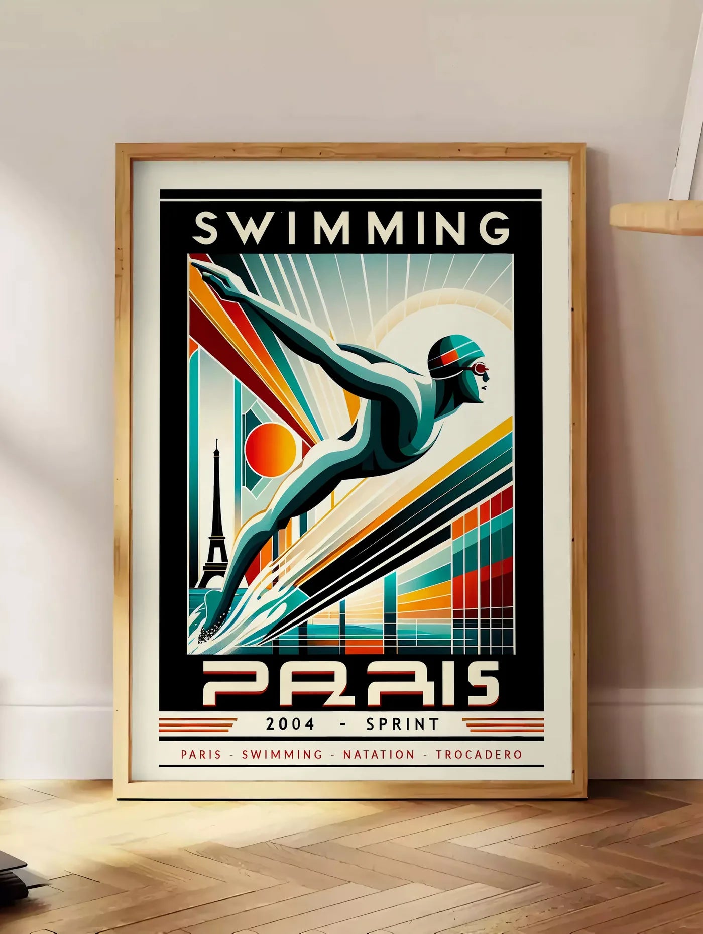 Estampe affiche natation Paris Sprint art deco, posee au sol dans un coin salon, sur un parquet a chevrons, pres d'une table d'appoint en chene chargee de livres