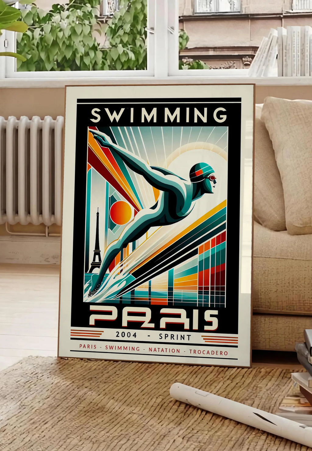 Poster affiche natation Paris Sprint art deco, posee au sol dans un salon parisien, devant une grande fenetre donnant sur un immeuble haussmannien, entre un ficus et un canape creme