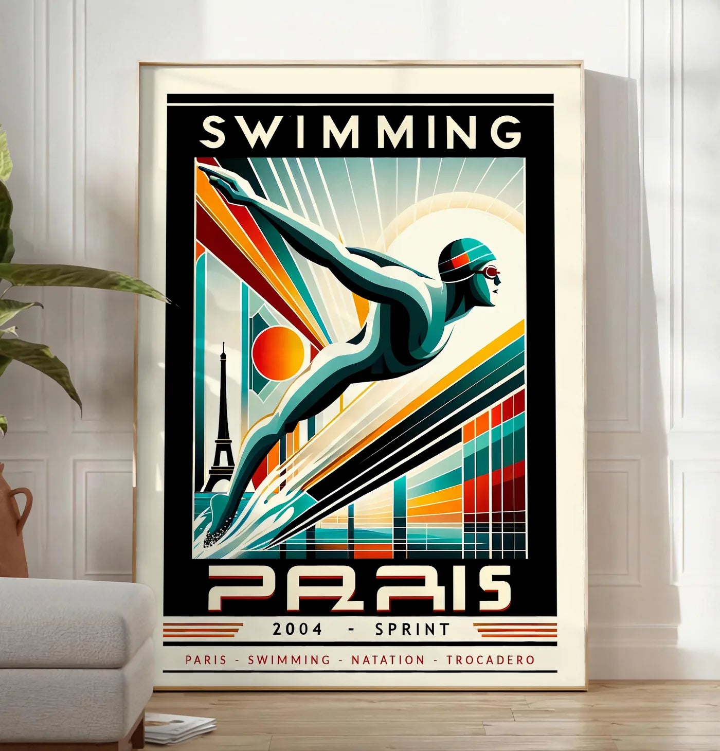 Reproduction affiche natation Paris Sprint art deco, posee au sol dans un salon minimaliste clair, a cote d'un canape beige et d'une plante verte, sur un parquet clair