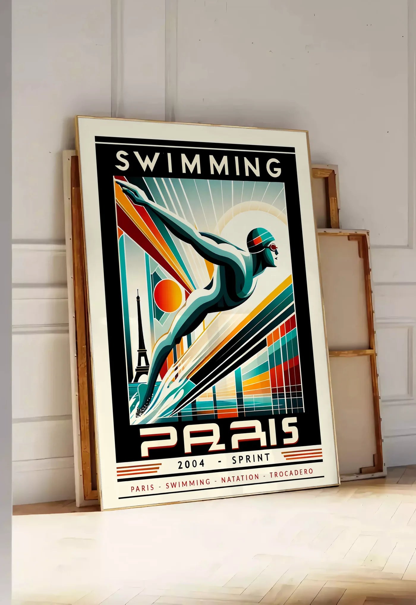 Tirage encadrable affiche natation Paris Sprint art deco, posee au sol dans une entree lumineuse, contre un mur a panneaux blancs, a cote de chassis en bois empiles
